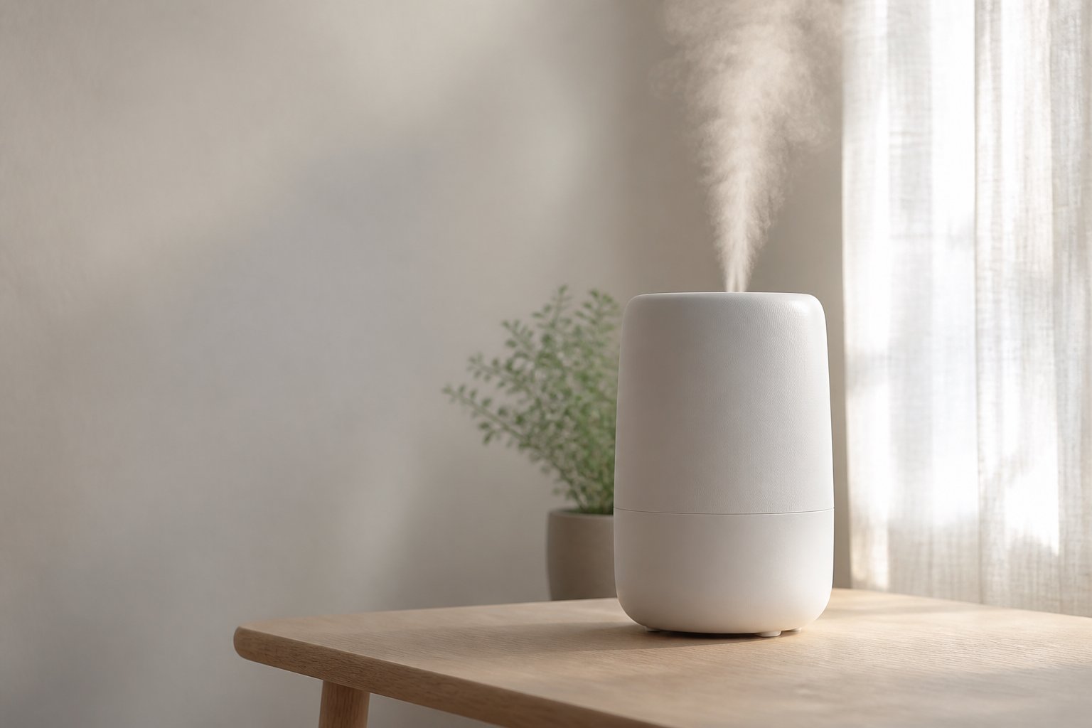 A matte-white humidifier releasing a fine mist on a pale oak table in a quiet, sunlit room